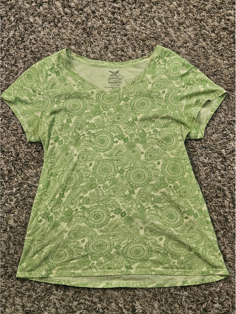 Faded Glory Green Paisley V-Neck Cotton T-Shirt Size M 8-10